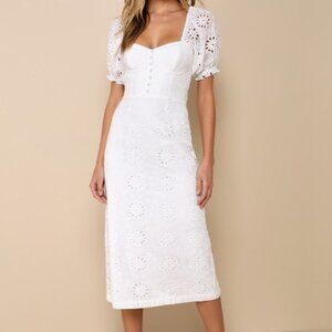 Lulus Darling Status White Eyelet Puff Sleeve Bustier Midi Dress - Size M